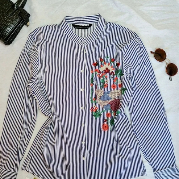 ZARA Woman Embroidered Striped Shirt – Crane Bird – Statement Piece – Size M - Picture 9 of 10